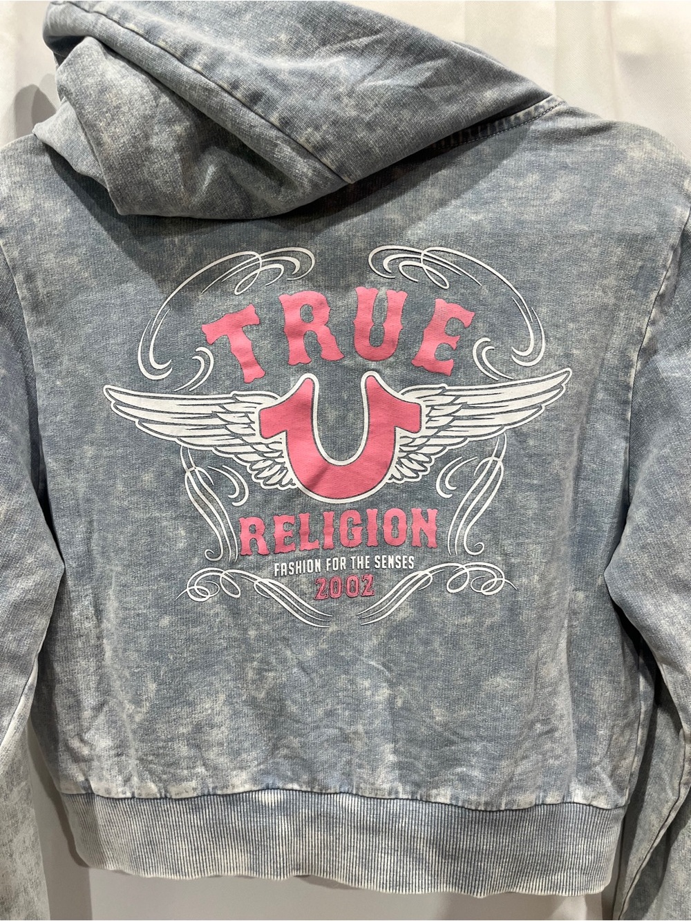 True Religion Hoodie Women's M Horseshoe Wing Faux Full Zip Denim-Look Fabric - Picture 7 of 10